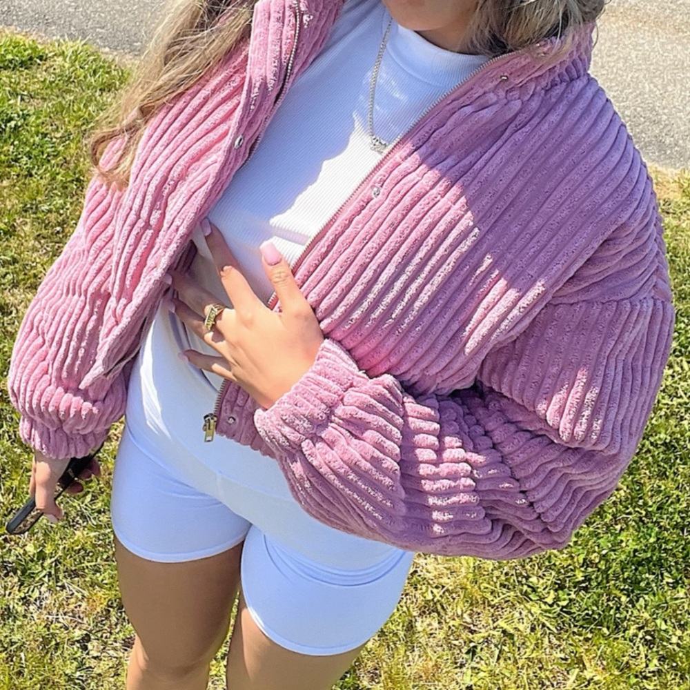 Pink Ribbed Cropped Puffer - Picture 2 of 2